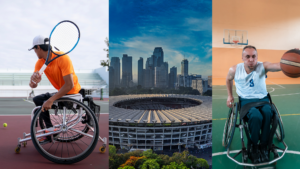 De gauche à droite, joueur de tennis fauteuil, stade dans une ville, et enfin de Baseketball fauteuil